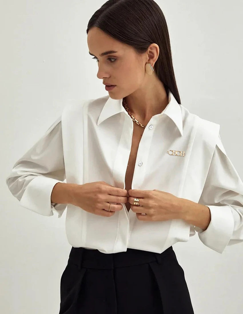 Solène Tailored Blouse in White or Black – Long Sleeve Button-Up Shirt for Women