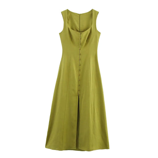 Marvela Button Front Midi Dress – Flattering A-Line Sleeveless Summer Dress with Sweetheart Neckline and Front Slit