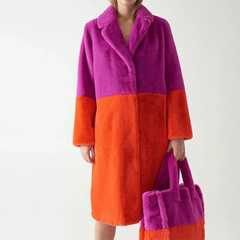 Melina Colour-Block Faux Fur Long Coat-Stylish Winter & Casual Outerwear