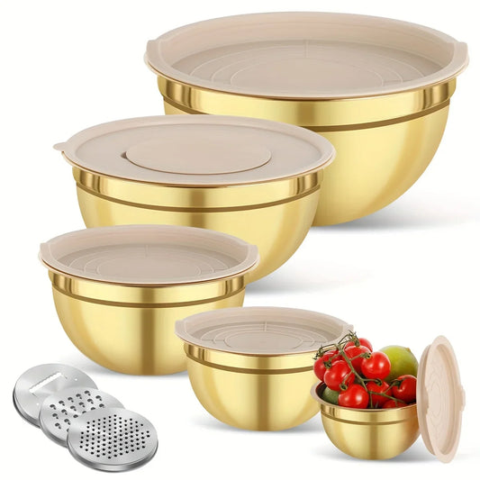 Gold Stainless Steel Mixing Bowls Set with Lids & Graters – 5 Piece Kitchen Food Prep, Salad & Baking Bowls
