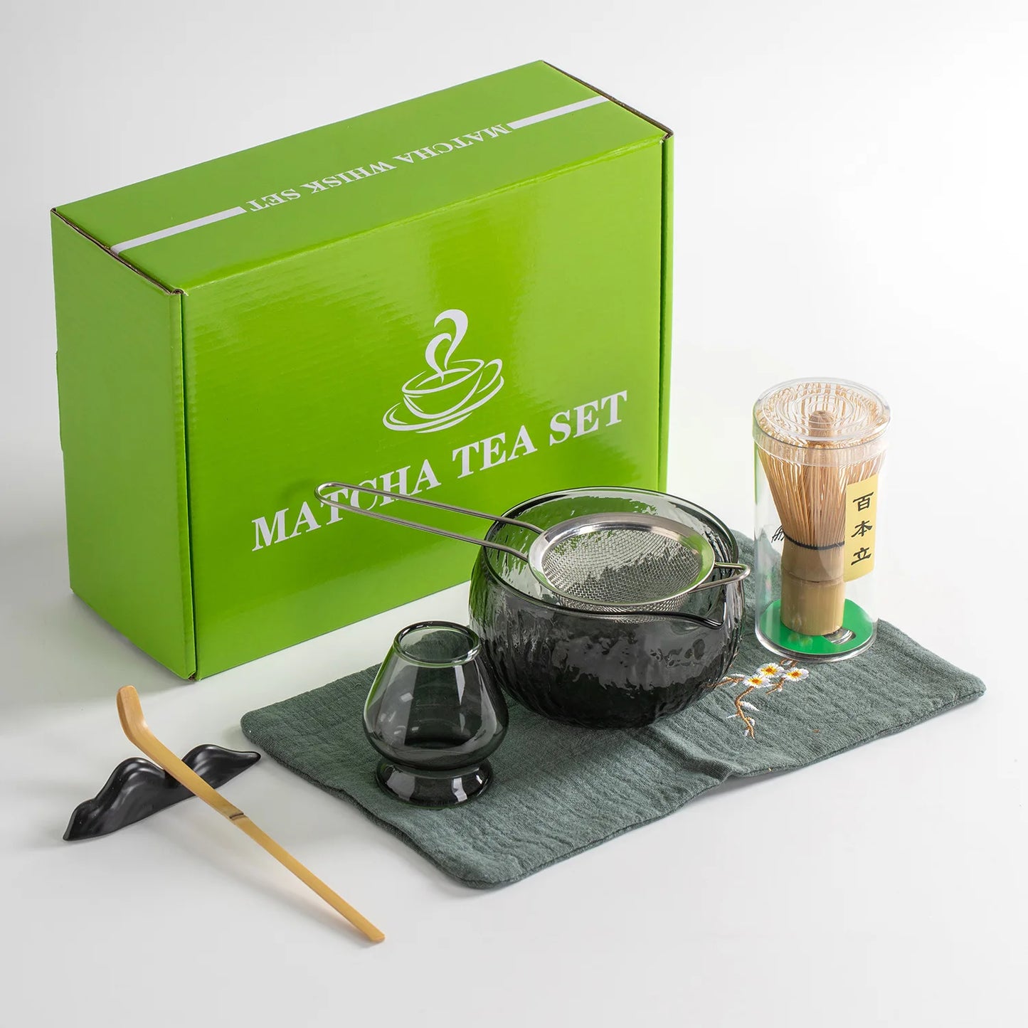 Kōrin Glass Matcha Tea Set – 7 Piece Matcha Bowl Set with Bamboo Whisk, Scoop, Strainer and Holder
