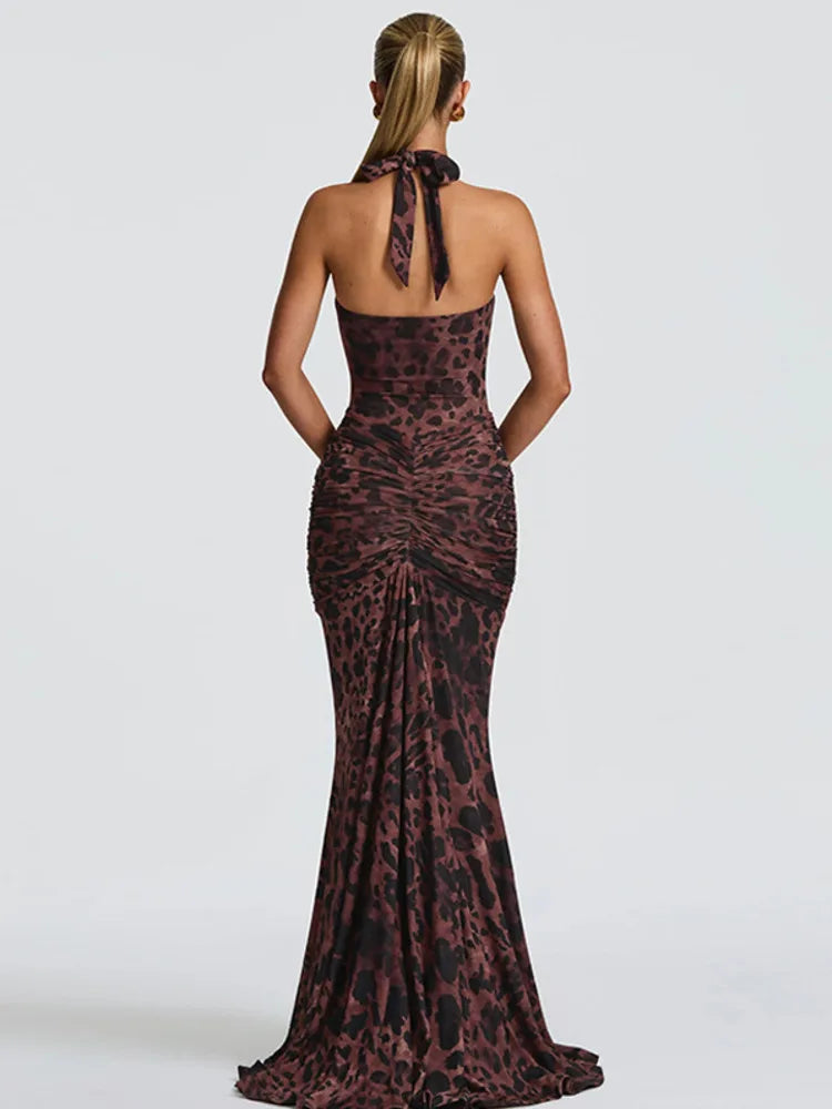 Zayara Halter Leopard Print Maxi Dress – Plunge Ruched Bodycon Evening Dress for Women’s Partywear & Formal Events