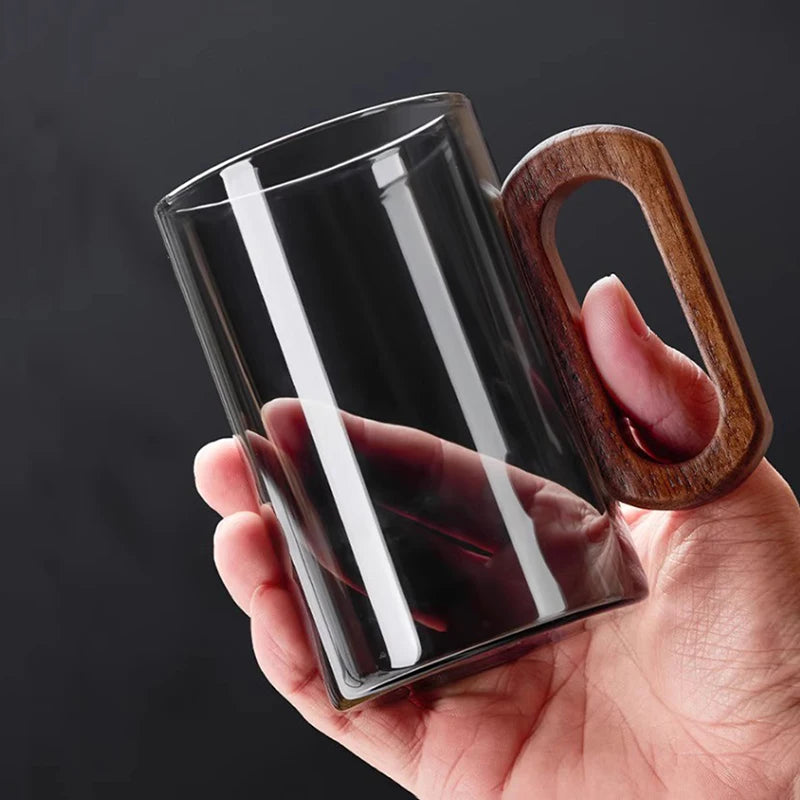 Clear Glass Tea Or Coffee Mugs with Modern Wooden Handle –2/4/6 Piece Heat-Resistant Cups Clear Or Black Set