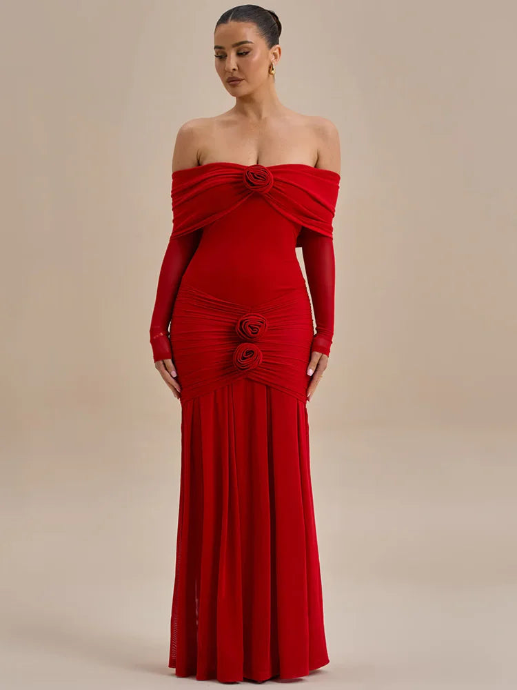 Celviera Off-Shoulder Ruched Maxi Dress with Rose Appliqué – Women’s Long Sleeve Bodycon Evening Gown