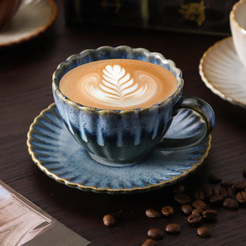 Aurevian Ribbed Coffee and Tea Cup and Saucer Set – Textured Ceramic Cup 200ml Signature Tableware
