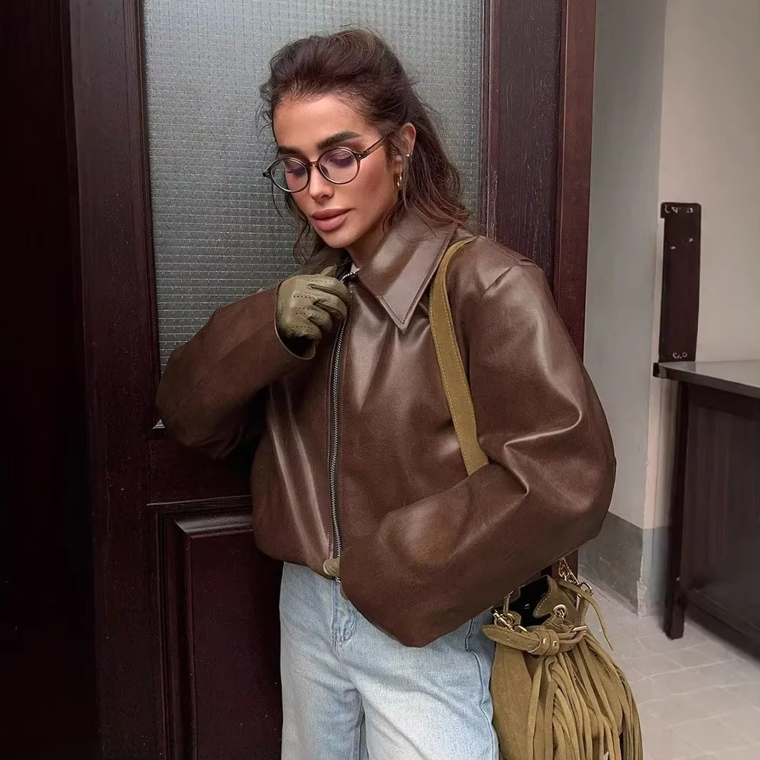 Amavira Faux Leather Zip Jacket – Oversized Bomber in Brown and Burgundy for Women