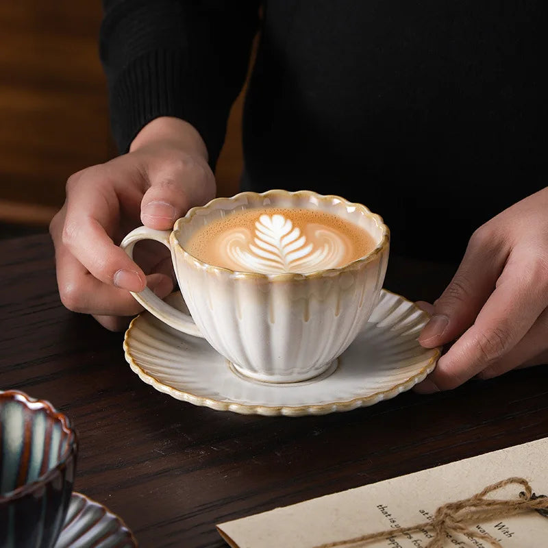 Aurevian Ribbed Coffee and Tea Cup and Saucer Set – Textured Ceramic Cup 200ml Signature Tableware