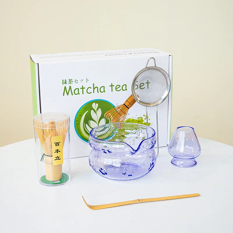 Akari Glass Matcha Tea Set – Pink & Purple Matcha Bowl Kit with Whisk, Scoop and Strainer, Complete Matcha Starter Gift Set