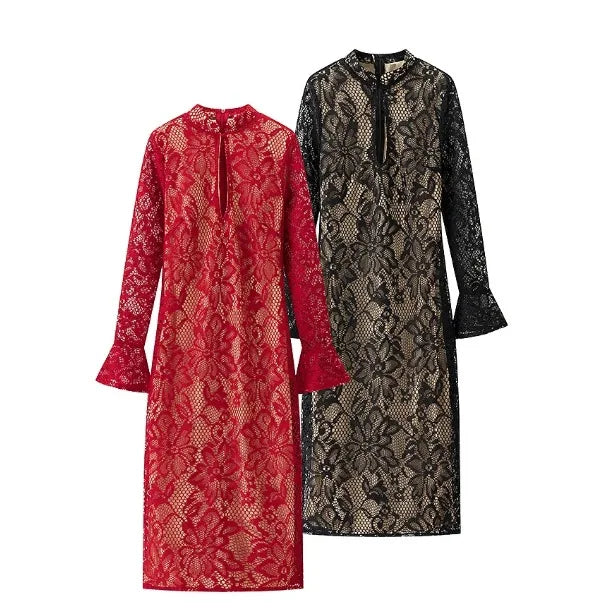 Lunetta Black Lace Midi Dress – Flared Sleeve High Neck Bodycon Sheer Floral Overlay in Red or Black