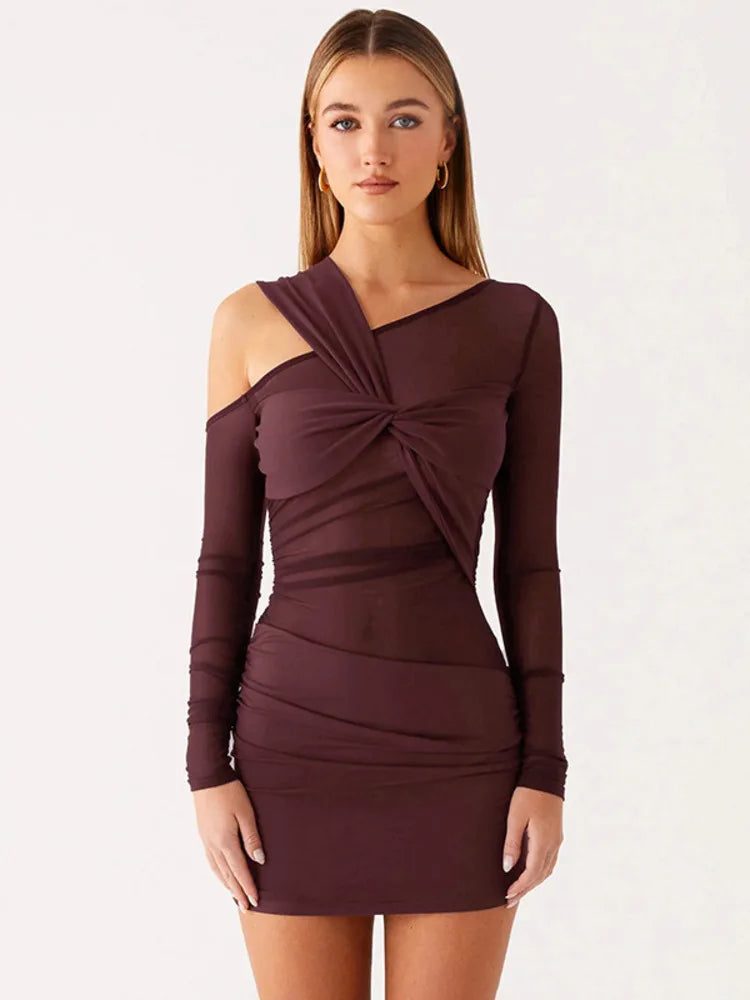 Celenia Ruched Mesh Asymmetric Bodycon Mini Dress – Claret One Shoulder Mesh Detail Party Mini Dress