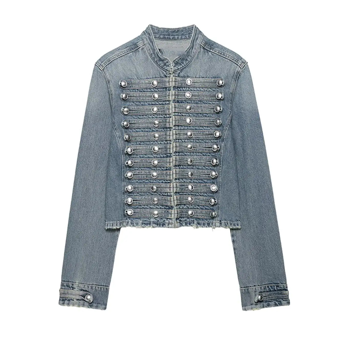 Elarique Military Button Denim Jacket – Cropped Collarless Women's Jacket