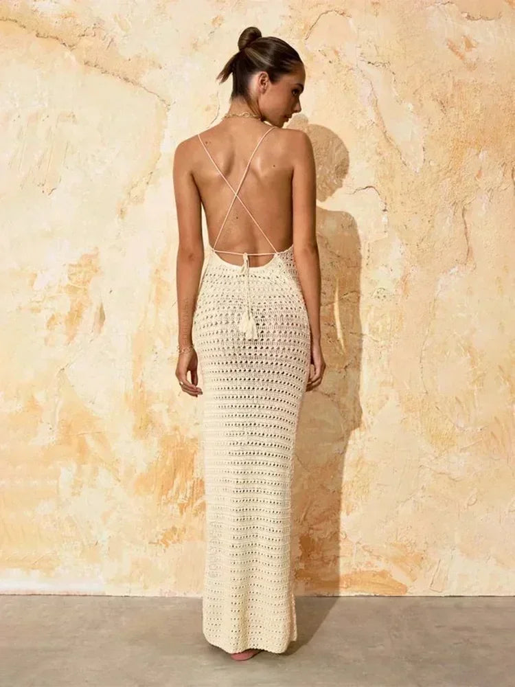 Sorelle Crochet Backless Maxi Dress – Strappy Knit Beach Dress with Side Split, Holiday & Summer Evening Wear