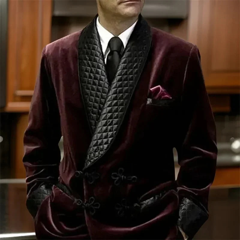 Ashcombe Velvet Smoking Jacket – Men’s Burgundy Quilted Shawl Blazer for Black Tie & Formal Evenings