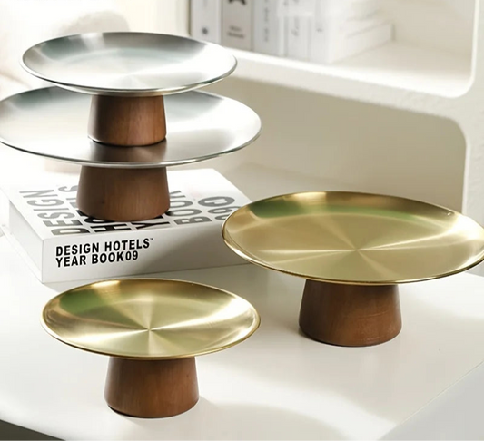 Stainless Steel Cake Stand with Wooden Base – Gold & Silver Display Riser for Dessert Tables, Weddings & Parties