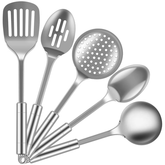 Stainless Steel Cooking Utensil Set – 5 Piece Kitchen Tools with Turner, Ladle, Serving Spoon, Slotted Spoon & Skimmer