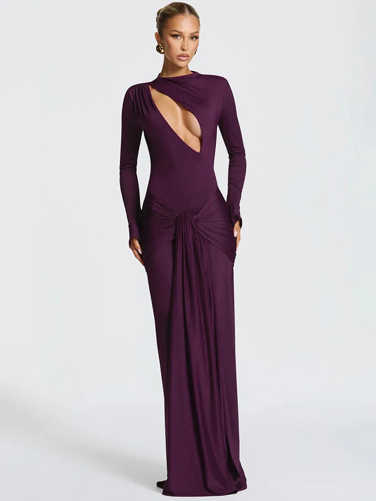 Elyndra Asymmetric Cut-Out Maxi Dress – Long Sleeve Draped Evening & Partywear Gown