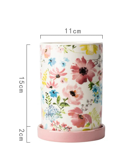Florielle Ceramic Utensil Holder – Floral Kitchen Storage Jar with Removable Base Tray for Cutlery, Spoons and Countertop Organisation