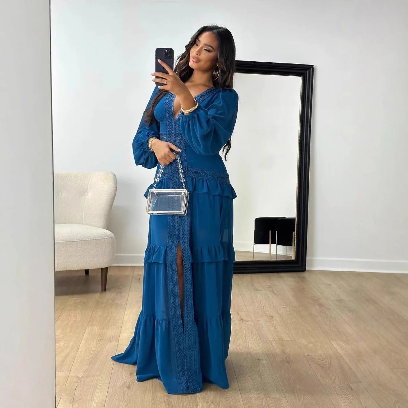 Seralyn Tiered Maxi Dress with Long Sleeves – V-Neck Wedding Guest Dress, Holiday Dress & Occasion Maxi