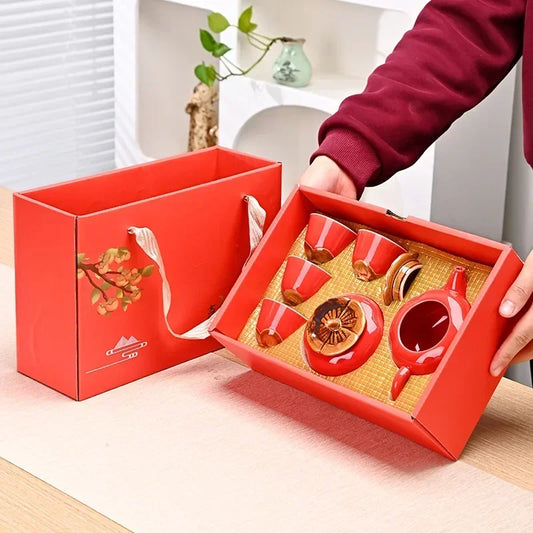Red Ceramic Teapot & Teacup Set – Traditional Style Afternoon Tea Gift Set with 4/6 Pieces