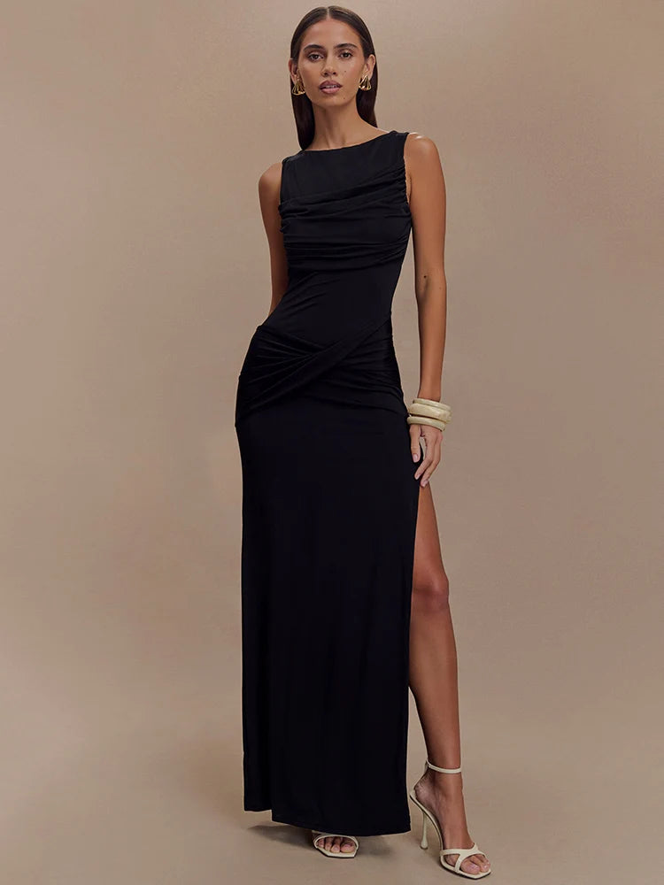 Delara Ivory Ruched Maxi Dress – Elegant Sleeveless High Slit Evening Gown for Summer Events-  Ivory, Black, Blue