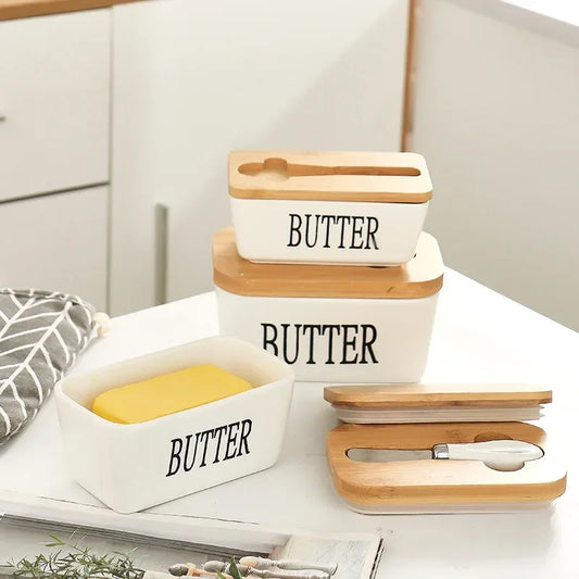 Ceramic Butter Dish with Wooden Lid & Knife – White Kitchen Storage Container