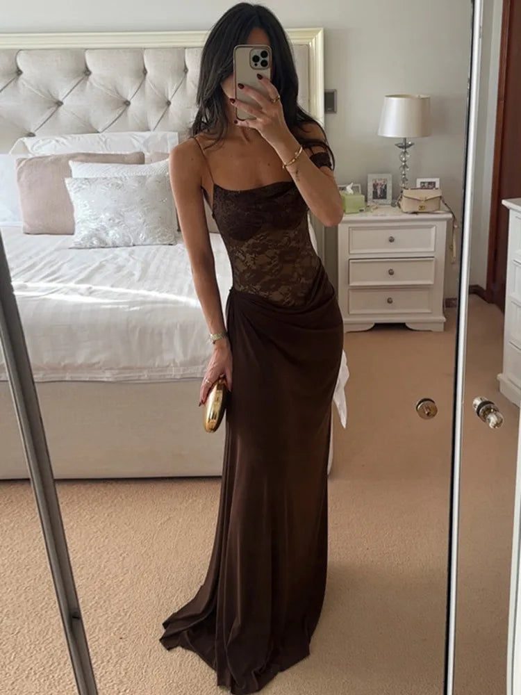 Olivara Strapless Lace Maxi Dress – Sheer Panel Evening Gown, Formal Occasion Dress & Wedding Guest Outfit