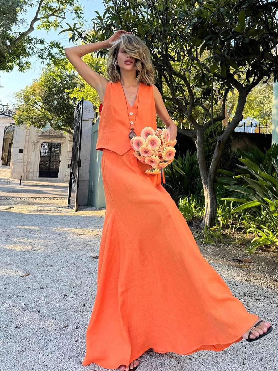 Arancia Orange Waistcoat & Maxi Skirt Co-Ord Set – Tailored Linen Two-Piece Summer Holiday Outfit for Women