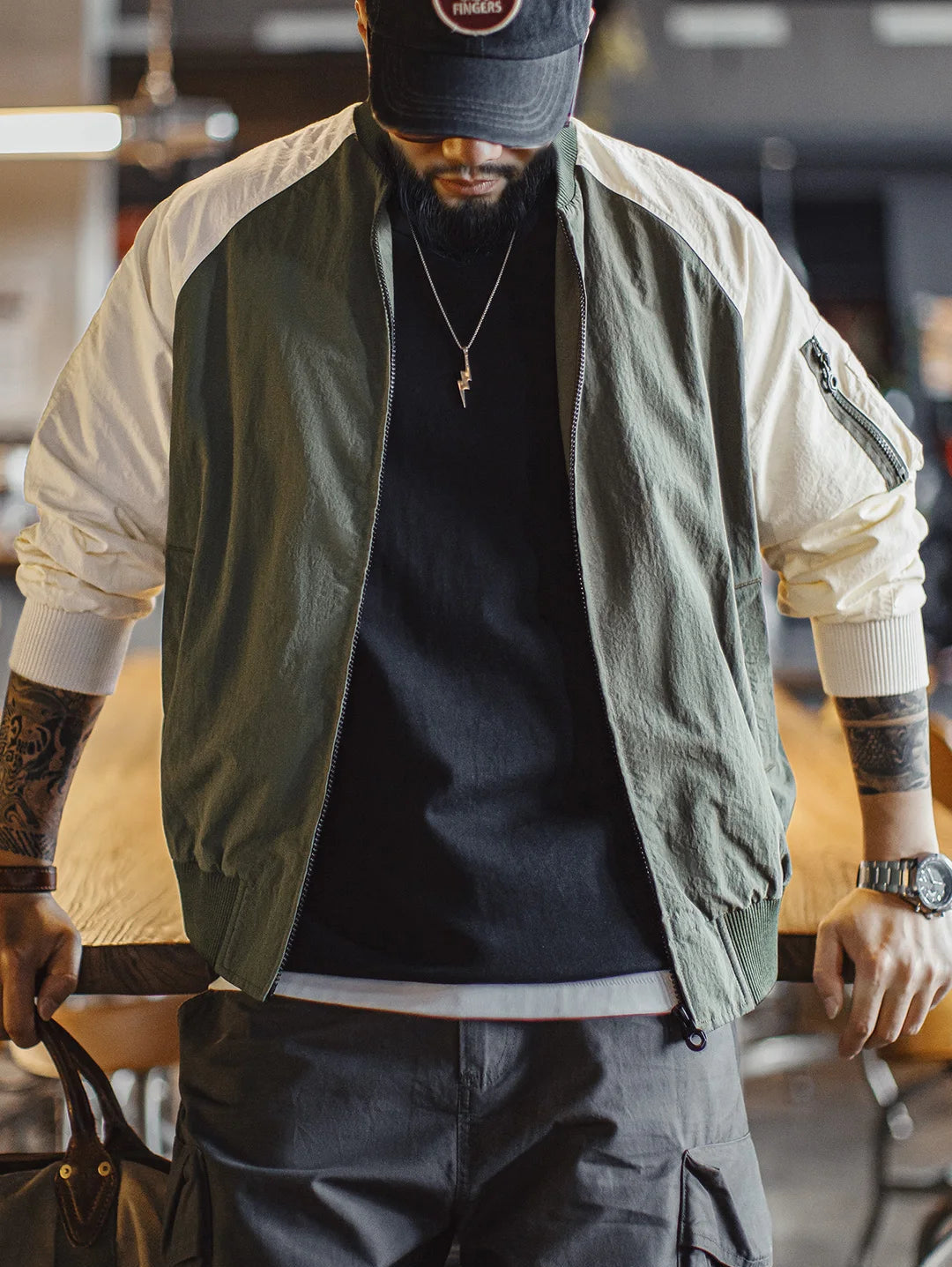 Westbourne Men’s Contrast MA1 Bomber Jacket – Two Tone Flight Jacket with Zip Front, Ribbed Trim and Sleeve Pocket