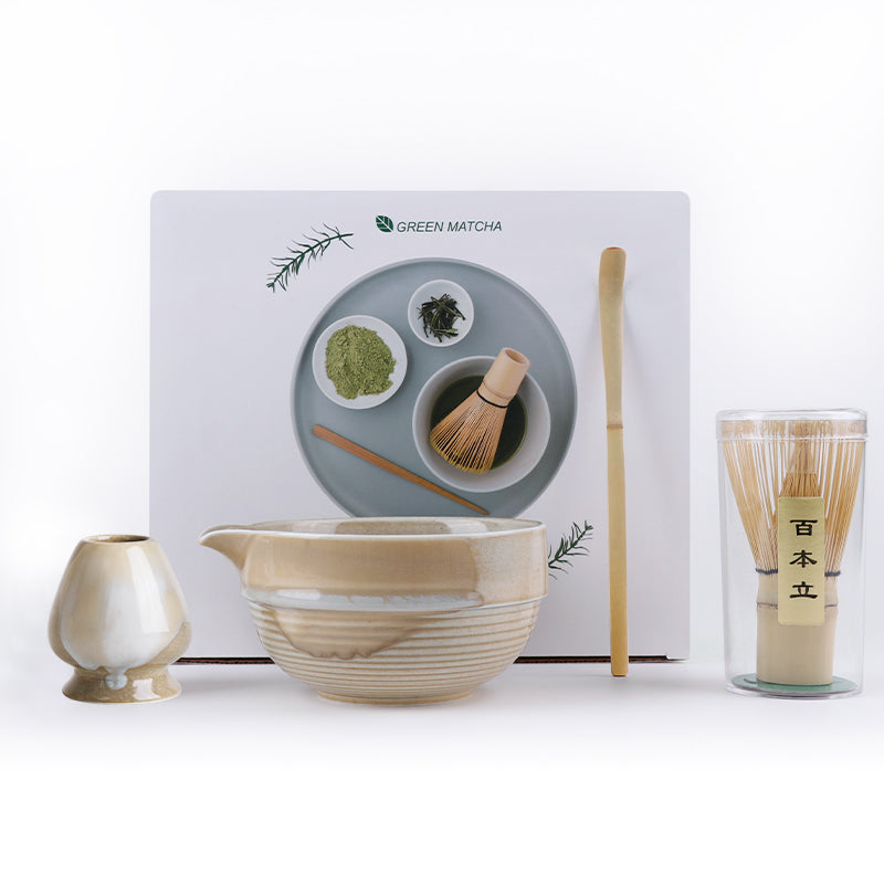 Premium Matcha Set – 4 Piece Starter Kit with Bamboo Whisk, Ceramic Bowl, Scoop & Holder