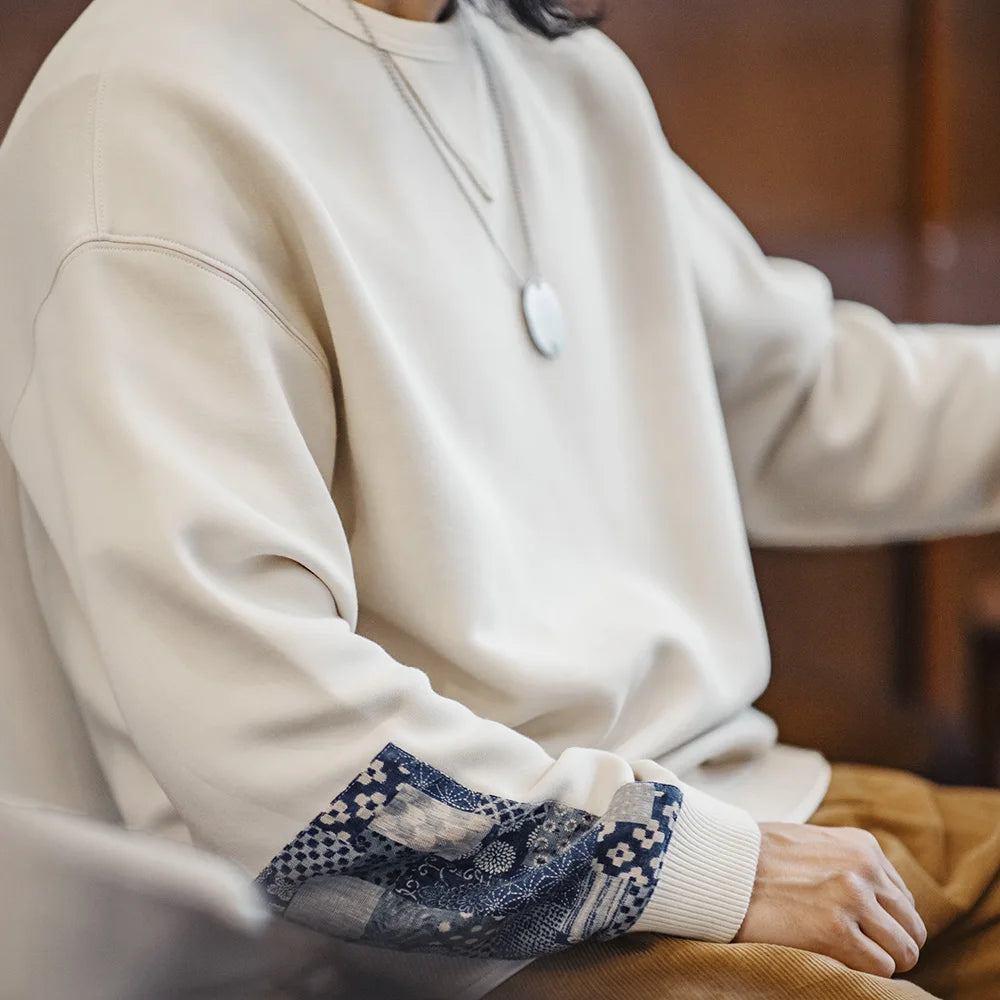 Renslow Patchwork Detail Crew Neck Sweatshirt – Men's Casual Pullover Jumper in Coffee & Cream