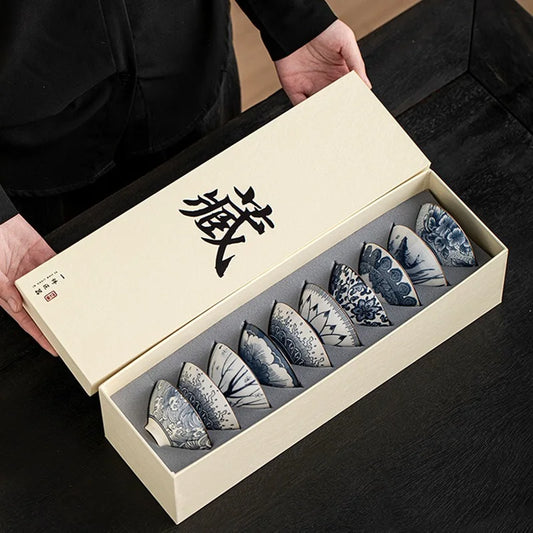 Renshiro Ceramic Tea Bowl Gift Set – 10 Piece Blue and White Tea Cups Set with Gift Box for Tea Serving and Tableware