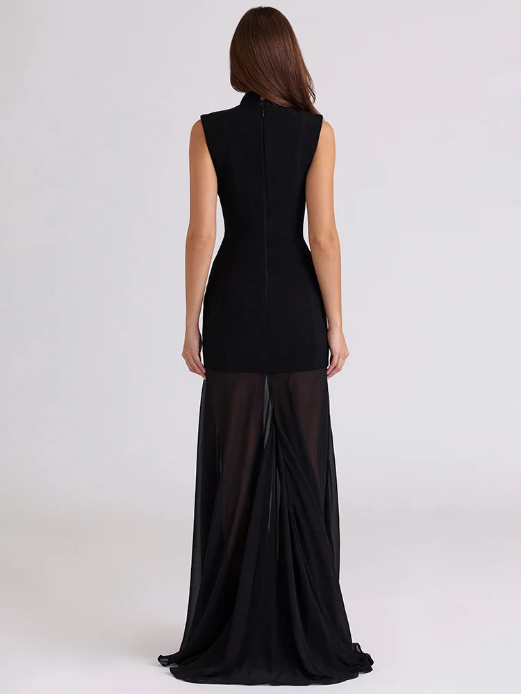 Averine High Neck Cut-Out Maxi Dress – Sleeveless Evening Gown with Sheer Fishtail Hem for Partywear & Wedding Guests