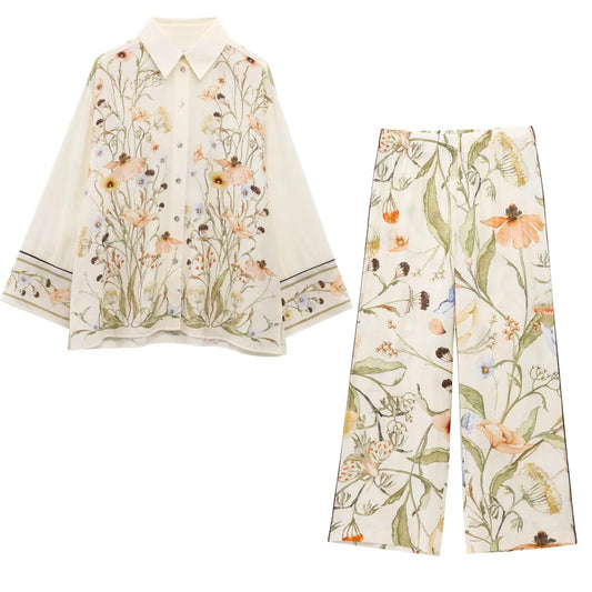 Florielle Two-Piece Wide-Leg Shirt and Trouser Co-Ord Set – Cream Floral Matching Outfit with Elastic Waist