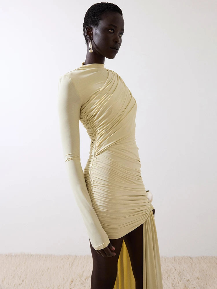 Zenyra Ruched Long Sleeve Mini Dress with Draped Asymmetric Skirt – One Shoulder Bodycon Partywear