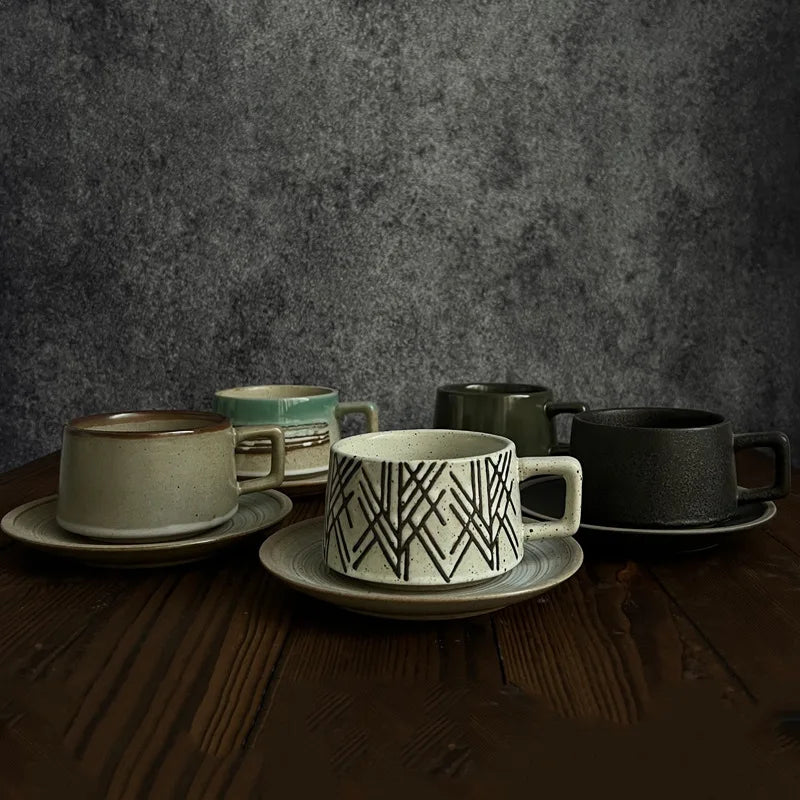 Cavella Patterned Tea and Coffee Cup Set – Textured Ceramic Cup and Saucer 250ml