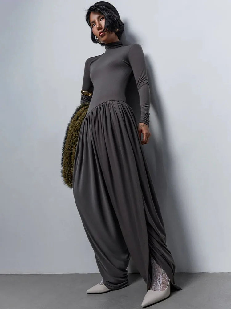Naerra Draped Harem Jumpsuit – High Neck Long Sleeve Bodysuit One-Piece for Contemporary Evening & Occasionwear