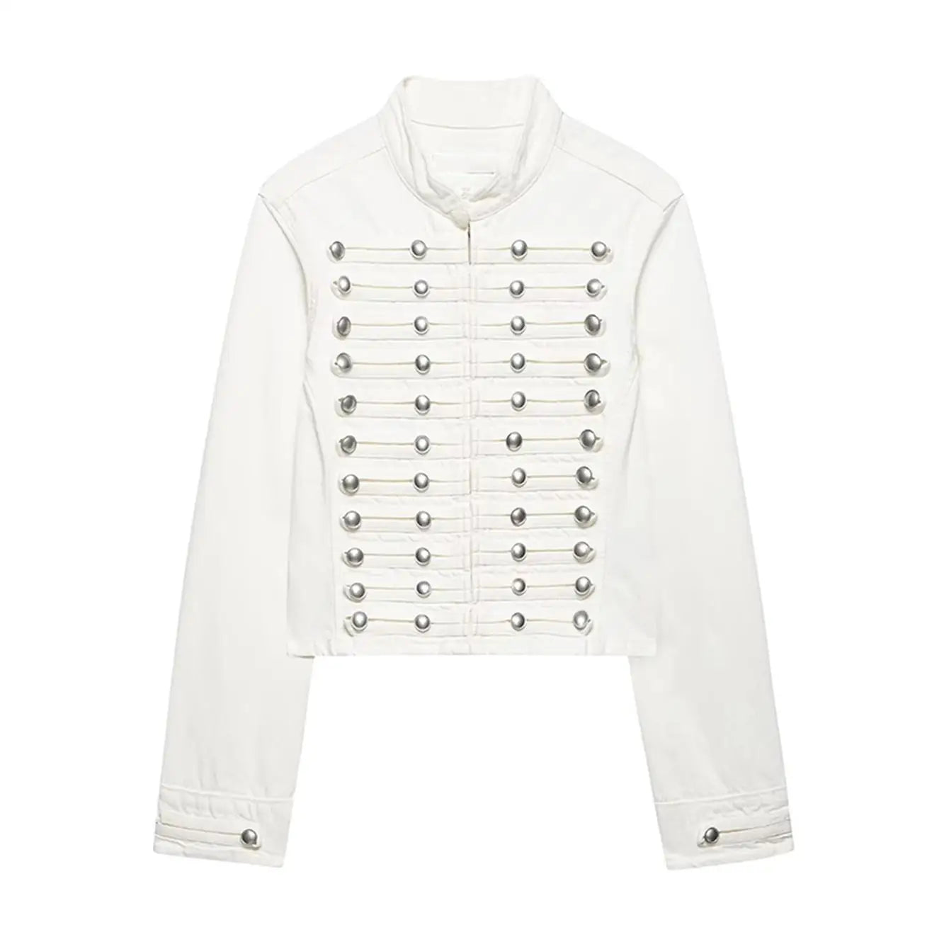 Elarique Military Button Denim Jacket – Cropped Collarless Women's Jacket