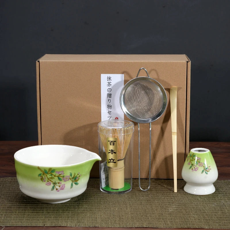 Traditional Japanese Matcha Tea Set – 5 Piece Sakura Matcha Bowl, Whisk, Scoop, Sieve & Holder Gift Kit