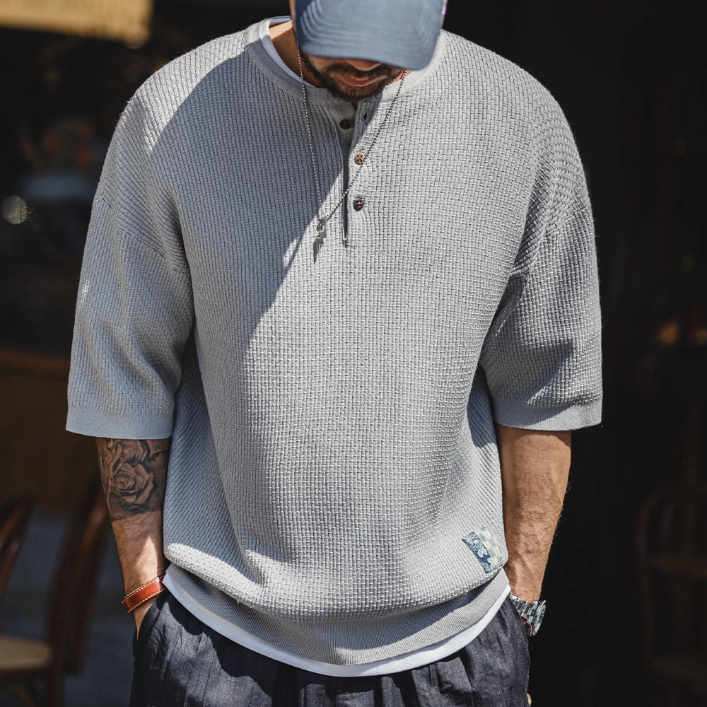 Caelus Men’s Waffle Knit Henley T-Shirt – Short Sleeve Button Neck Textured Tee in Light Grey