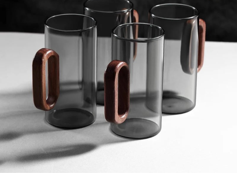 Clear Glass Tea Or Coffee Mugs with Modern Wooden Handle –2/4/6 Piece Heat-Resistant Cups Clear Or Black Set
