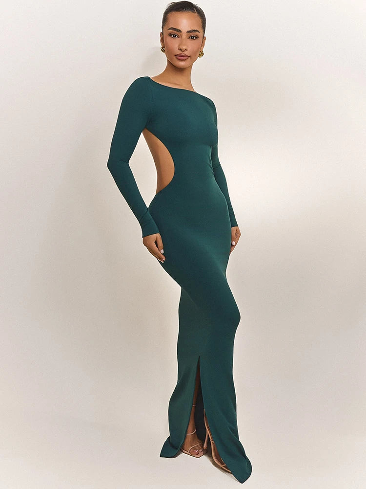 Naevia Long Sleeve Backless Maxi Dress – Open Back Bodycon Evening Gown with Bow Detail