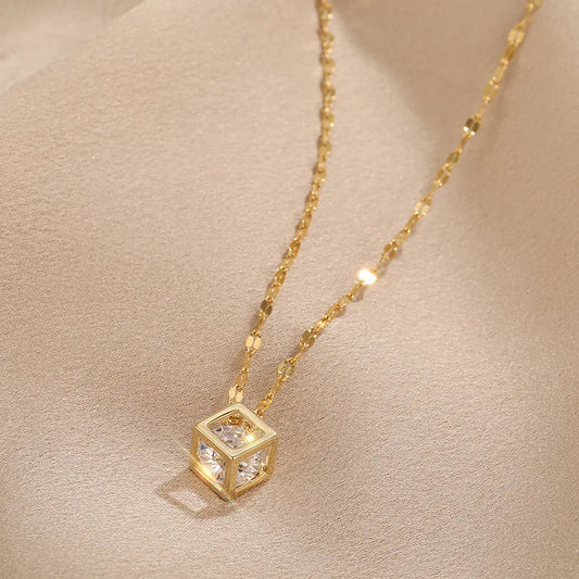 Gold Cube Pendant Necklace
