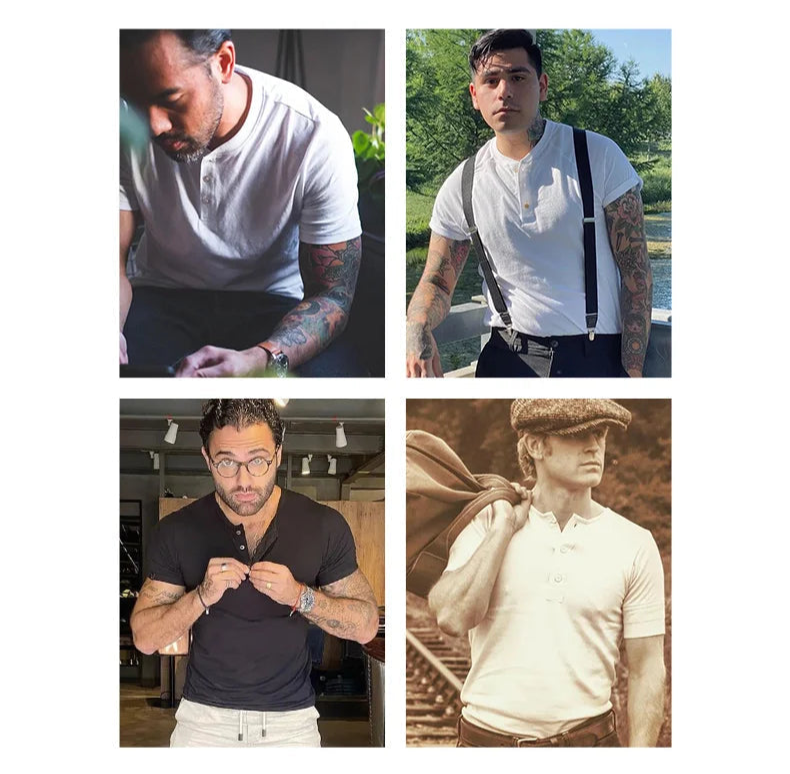 Henley Buttoned Short Sleeve T-Shirt – Premium Structured Fit Essential in Navy, Cream, Grey & Army Green
