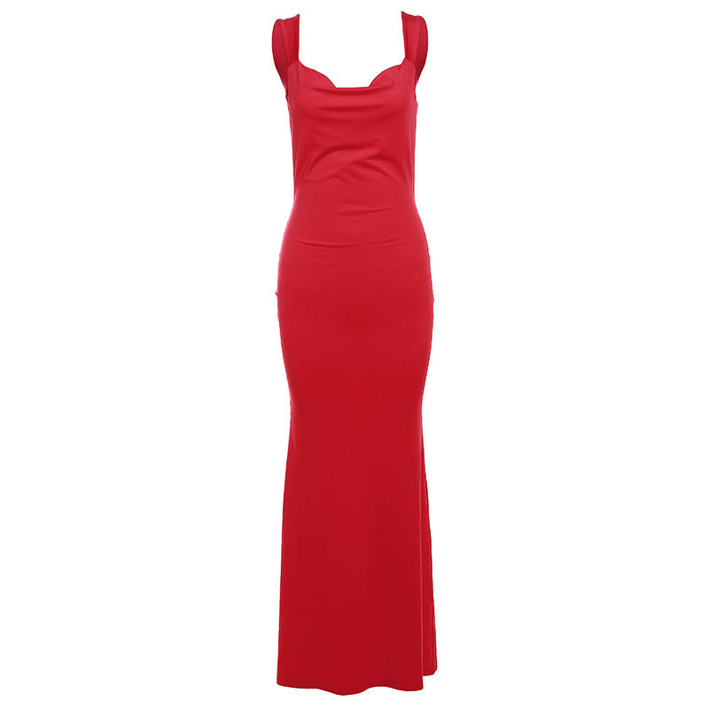 Maristela Backless Satin Bow Maxi Dress – Sleeveless Open Back Formal Gown in Red or Black