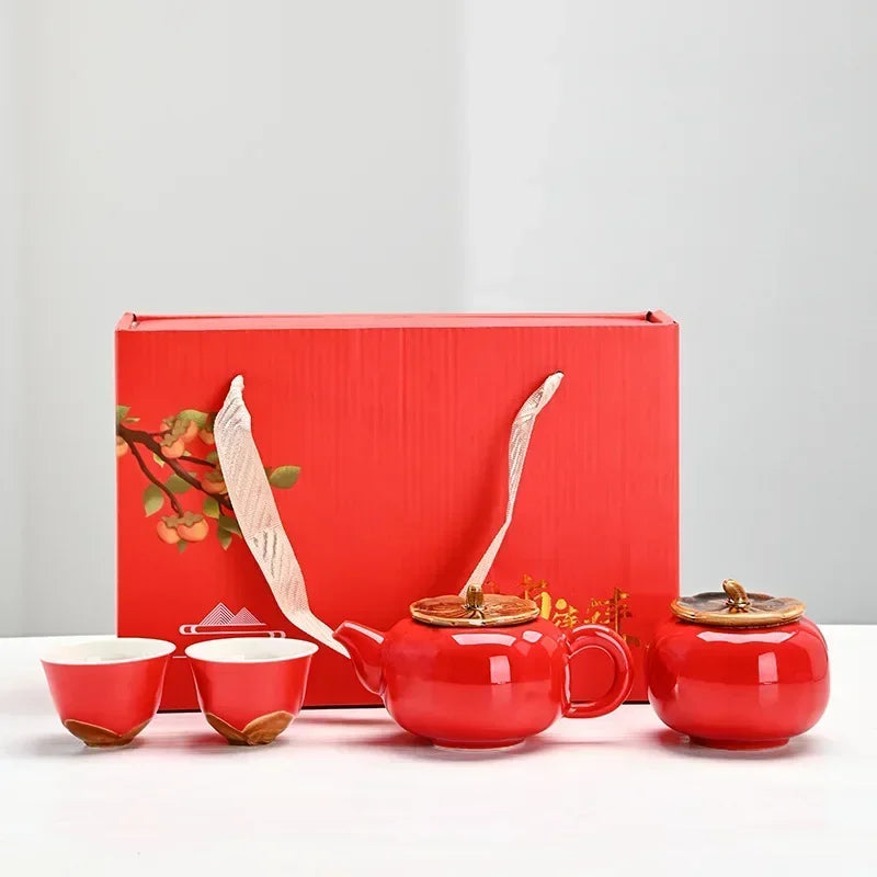 Red Ceramic Teapot & Teacup Set – Traditional Style Afternoon Tea Gift Set with 4/6 Pieces