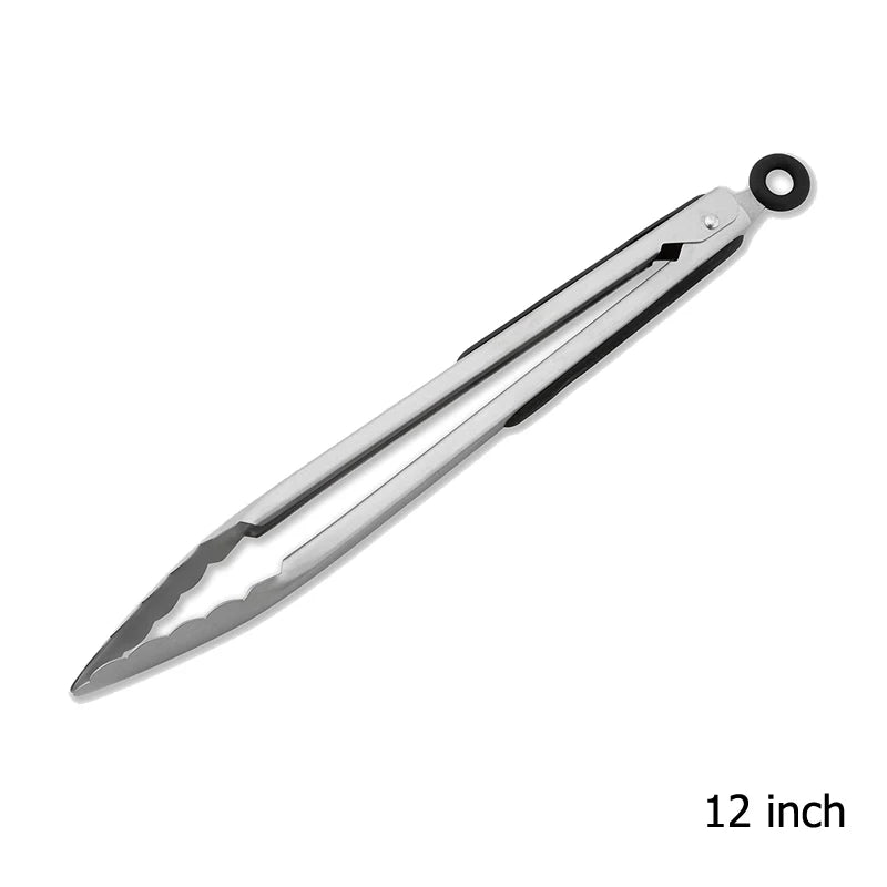 Stainless Steel Kitchen Tongs With Black Silicone Grip – 1 Piece Heat Resistant Serving & Cooking Tongs 9, 12, 16 Inch Options