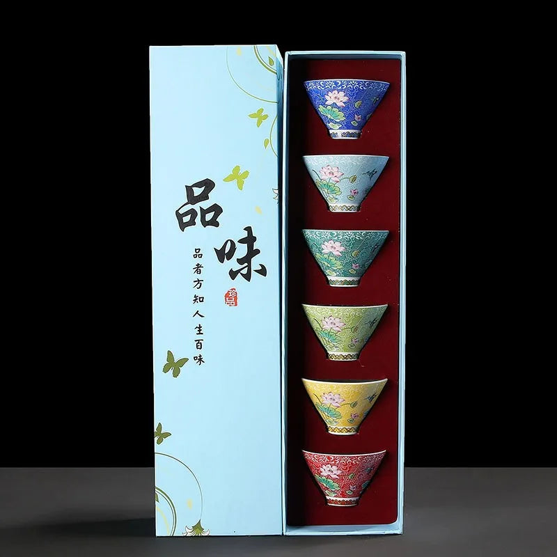 Hanamori Floral Ceramic Tea Bowl Gift Set – 6 Piece Small Tea Cups with Flower Design Gift Box Tea Set