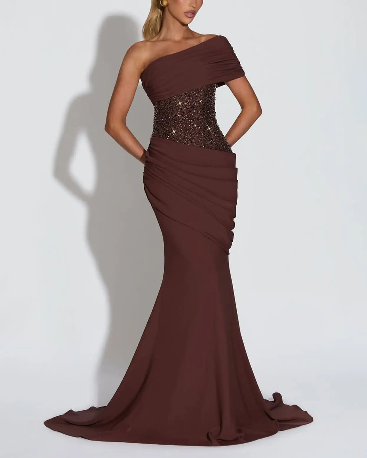 Lunéa One Shoulder Sequin Waist Maxi Dress – Ruched Evening & Wedding Guest Gown