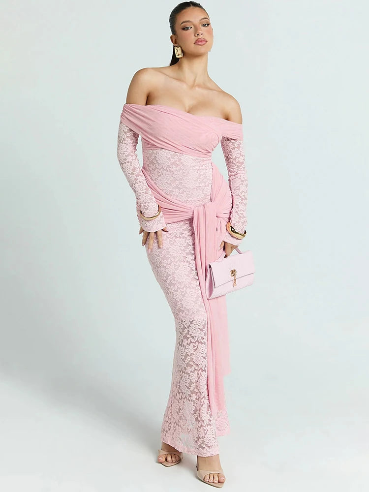 Amelisse Off-Shoulder Lace Draped Maxi Dress – Long Sleeve Formal Evening Dress,Wedding Guest Gown