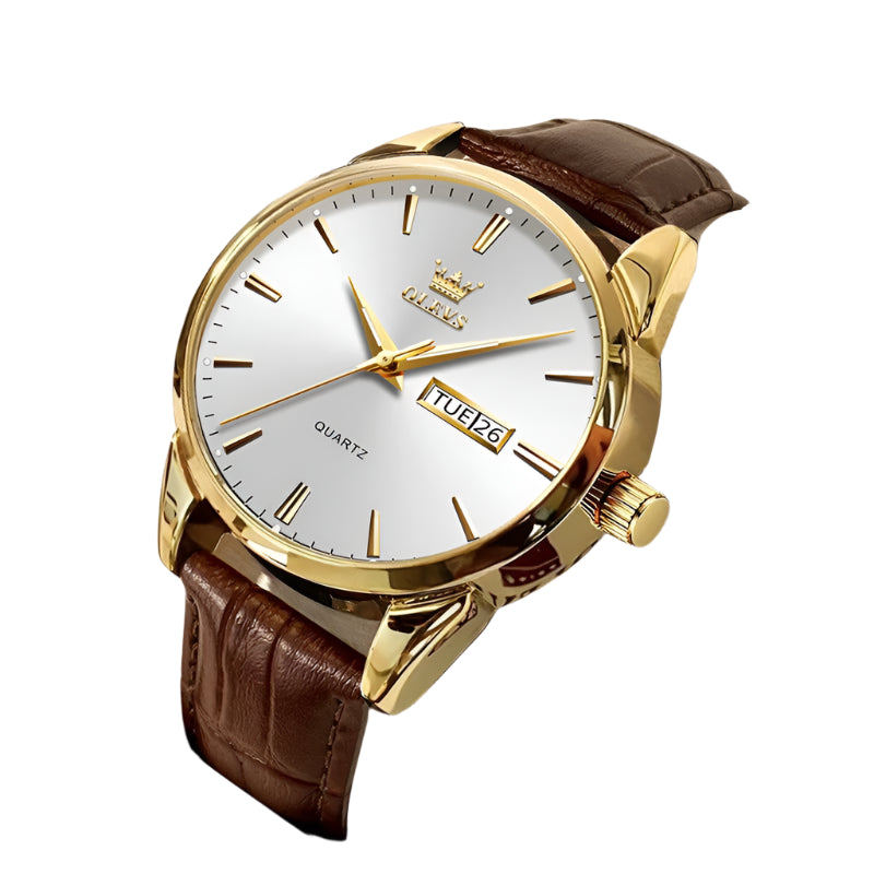 Men's Luxury Gold Watch With Leather Strap And Day/Date Display